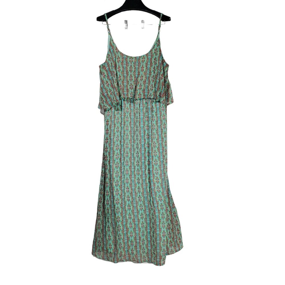 Urban Love Chiffon Maxi Dress Spaghetti Strap Boho Teal Orange Stripes Geometric